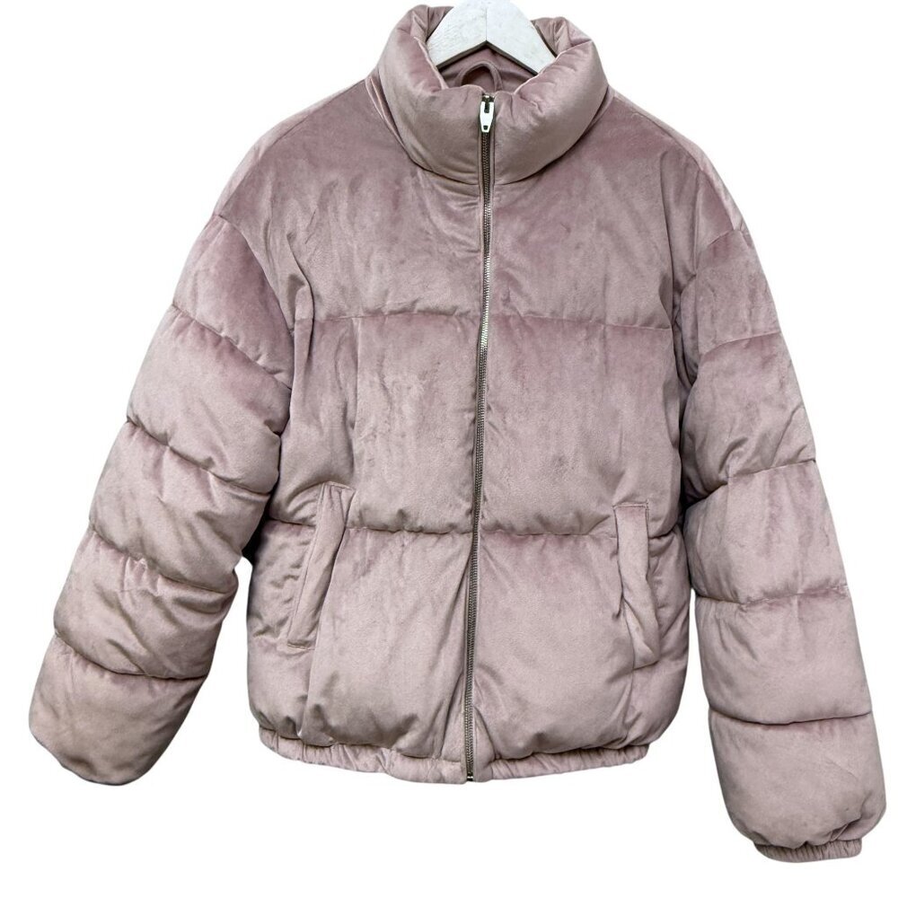 NINE WEST Velvet Puffer Jacket Size Large Dusty Rose Womens Coat